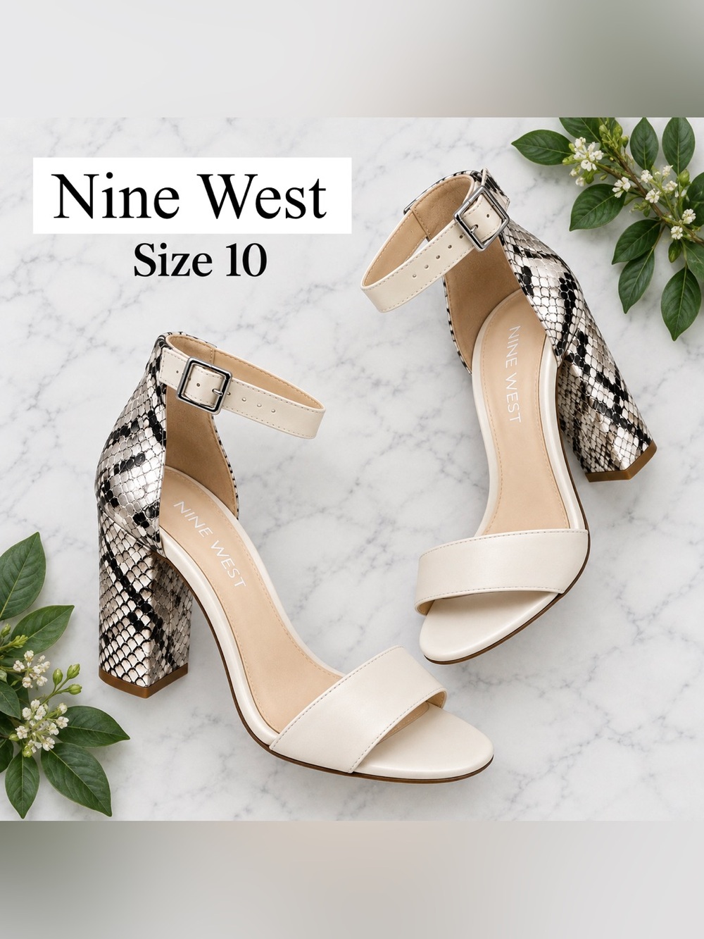 Nine West Women's Cream Ankle Strap Sandals with Snakeskin Block Heel Size 10